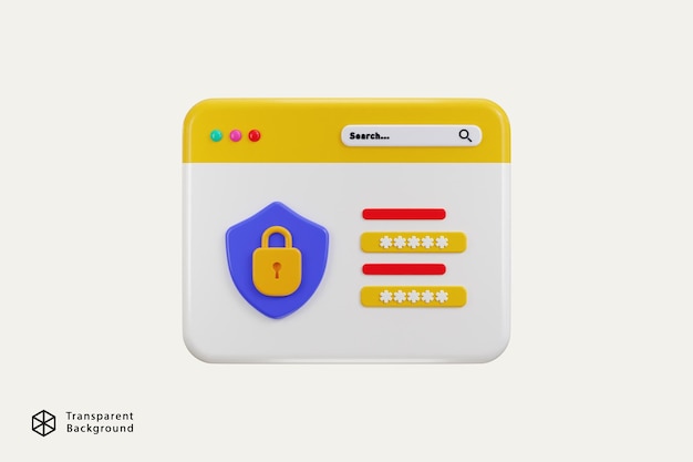 Sichere Login-Seite mit Passwortform auf dem Computer und Vorhängeschloss-Symbol 3D-Rendering