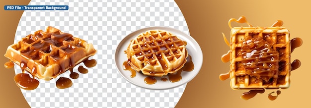 Sicht von oben und von der Seite eines Waffelsets mit Karamellsauce
