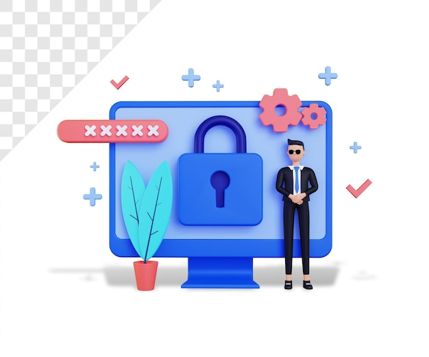 Sicurezza 3D con monitor grande e personaggio maschile