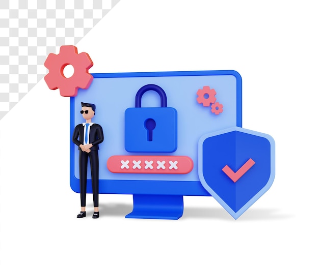 Sicurezza 3D con personaggio maschile e icona lucchetto