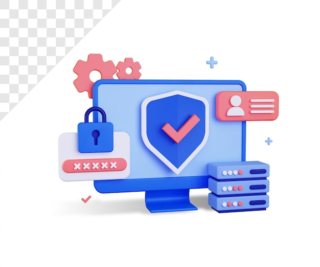 Sicurezza informatica 3D con grande monitor e password