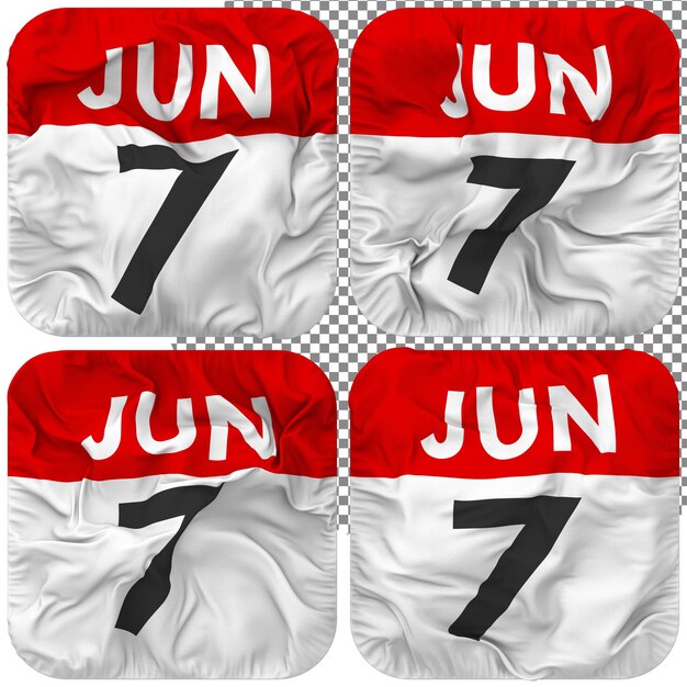 Siebtes 7. Juni-Datumskalendersymbol, isoliert, Vier-Wellen-Stil, Bump-Textur, 3D-Rendering