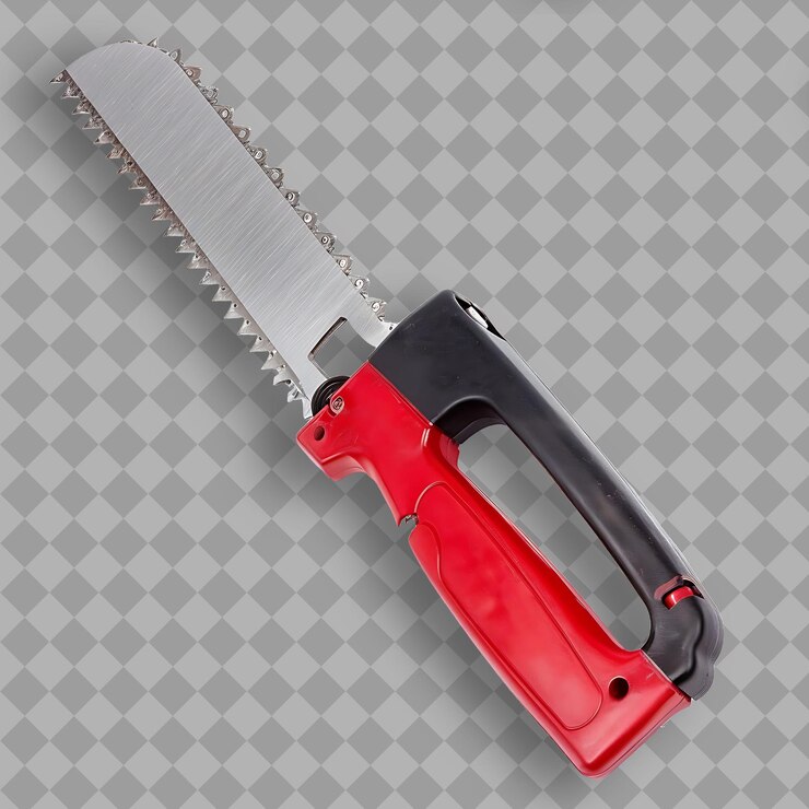 PSD sierra con mango de plástico rojo y cuchilla de acero una herramienta utilizada objeto aislado en un fondo limpio