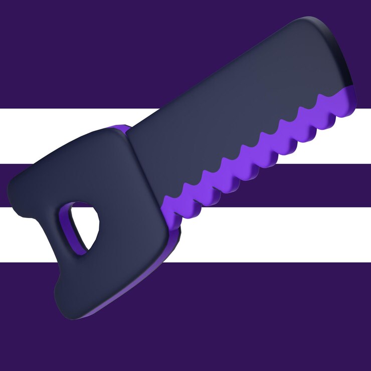 PSD una sierra de plástico violeta y negra con bordes violetas está sobre un fondo violeta.