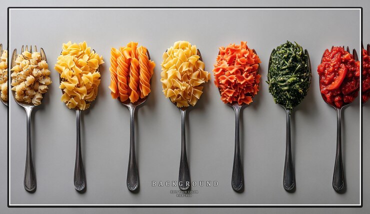 PSD siete cucharas con diferentes tipos de pasta sobre un fondo blanco