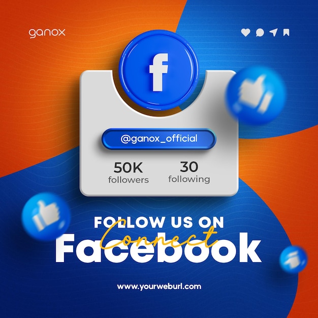 PSD siga-nos nas redes sociais do facebook e publique o banner de renderização 3d