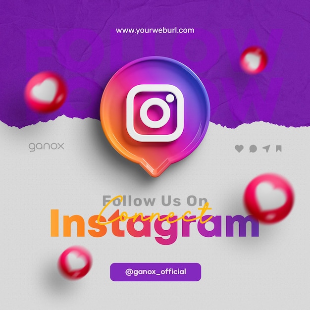 PSD siga-nos nas redes sociais do instagram para postar um banner de renderização 3d