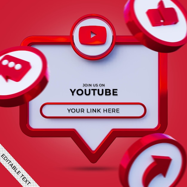 Siga-nos no banner quadrado de mídia social do youtube com logotipo 3d e perfil de link