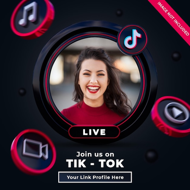 Siga-nos no banner quadrado de mídia social tik tok com logotipo 3d e caixa de perfil de link