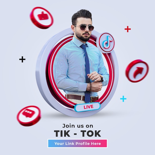 Síganos en el banner cuadrado de las redes sociales de tik tok con logotipo 3d y cuadro de perfil de enlace