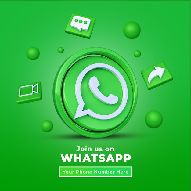 Síganos en el banner cuadrado de redes sociales de whatsapp con logotipo 3d y cuadro de perfil de enlace