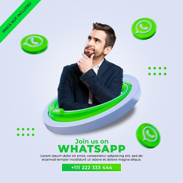 Síganos en el banner cuadrado de redes sociales de whatsapp con logotipo 3d y cuadro de perfil de enlace