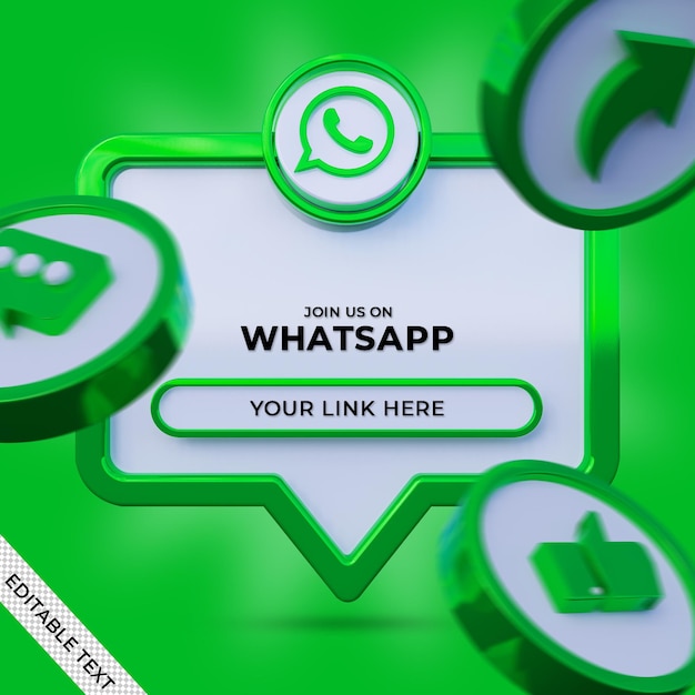 Síganos en el banner cuadrado de redes sociales de whatsapp con logotipo 3d y perfil de enlace