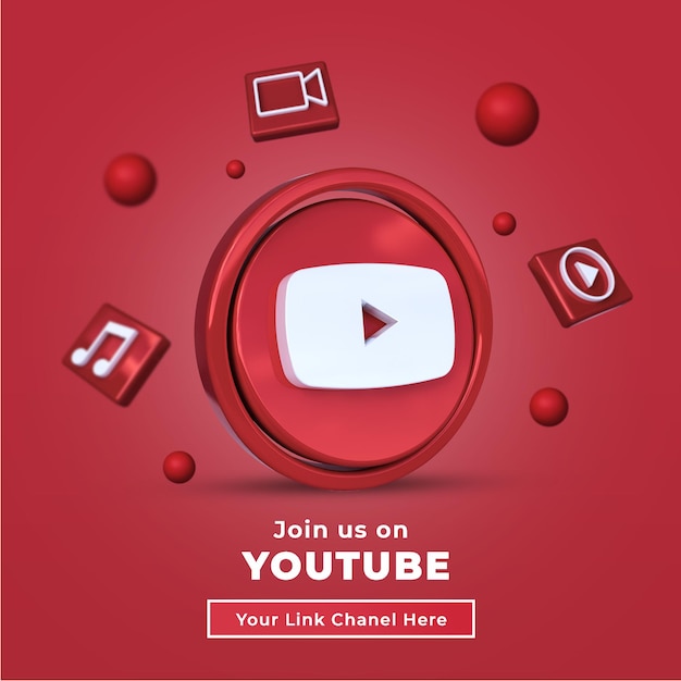 Síganos en el banner cuadrado de las redes sociales de youtube con el logotipo d y el enlace chanel