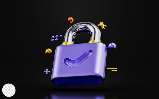 signe de cadenas avec coche sur fond sombre concept de rendu 3d pour une protection sûre