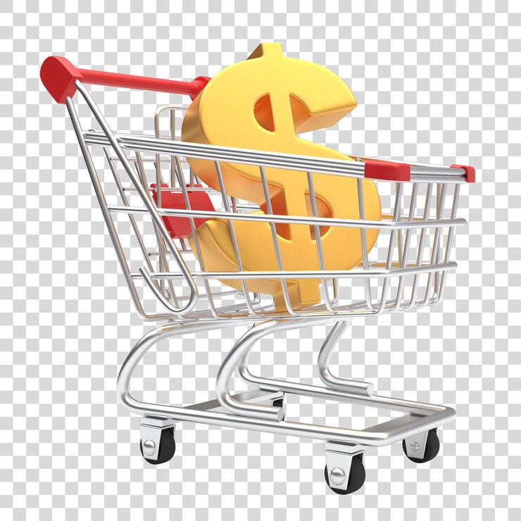 PSD signe dollar doré dans le panier isolé sur fond blanc monnaie dans le rendu 3d du chariot