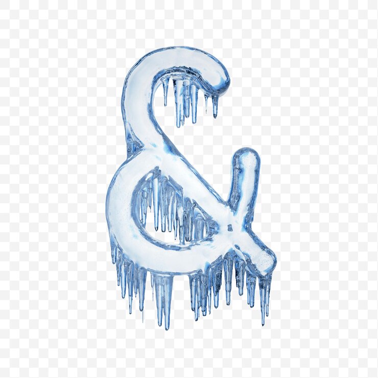 PSD signe d'esperluette alphabet fait de glace fondante bleue isolée sur fond transparent