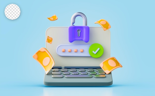 signe d'ordinateur portable avec serrure caisse concept de rendu 3d pour le succès de la méthode de paiement sécurisé en ligne