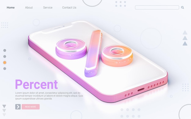 signe pour cent sur téléphone mobile isolé fond blanc concept de rendu 3d pour la page de destination de la bannière web