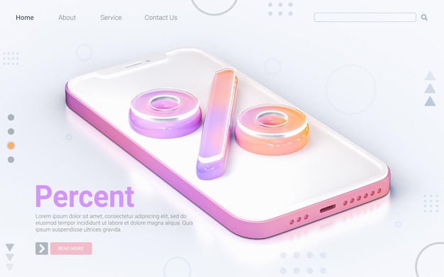PSD signe pour cent sur téléphone mobile isolé fond blanc concept de rendu 3d pour la page de destination de la bannière web
