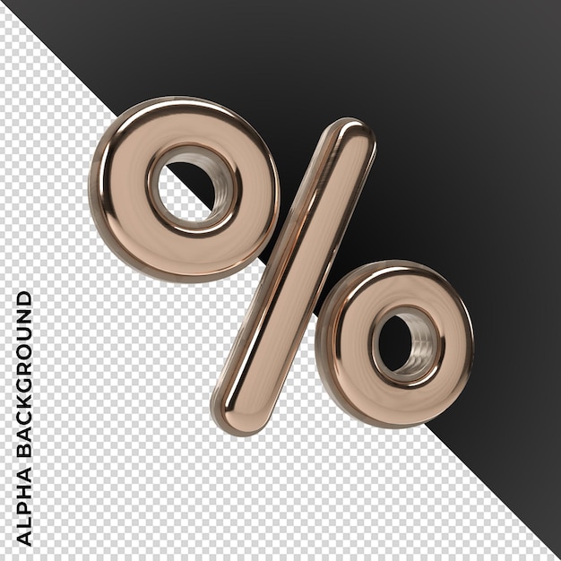 Signe de pourcentage en bronze 3d sur fond transparent