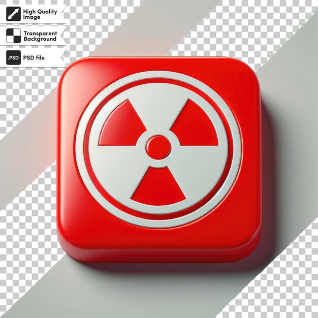 Signo de advertencia de radiación psd en botón de peligro rojo en fondo transparente con capa de máscara editable