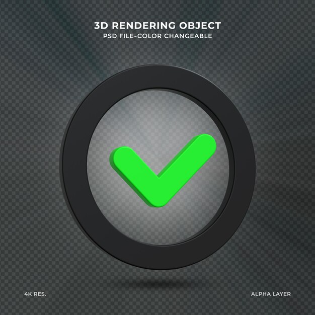 Signo aprobado Icono de ui de marca de verificación 3d Icono de signo de marca de verificación de representación 3d