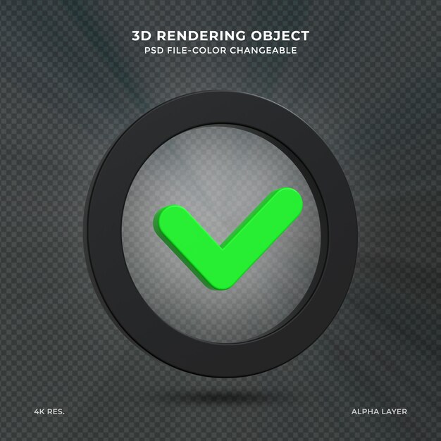 PSD signo aprobado icono de ui de marca de verificación 3d icono de signo de marca de verificación de representación 3d