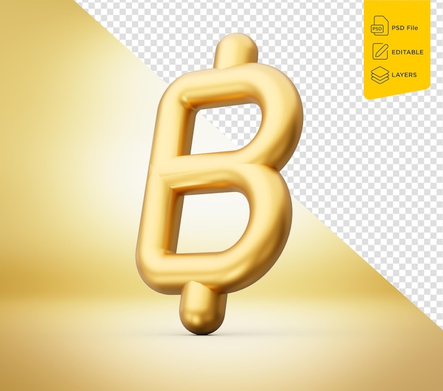El signo del baht tailandés dorado aislado sobre un fondo dorado Ilustración en 3D