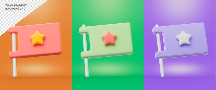 PSD signo de bandera con estrella naranja verde y púrpura color de fondo 3d concepto de representación para la ubicación de la marca