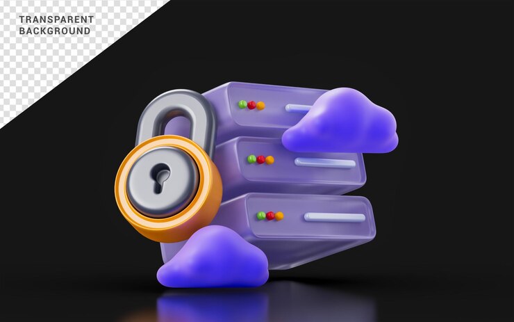 PSD signo de bloqueo de nube de almacenamiento sobre fondo oscuro concepto de renderizado 3d para almacenar archivos de datos de forma segura