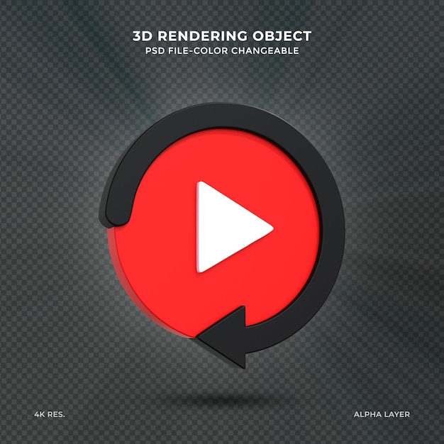 Signo de botón de reproducción brillante Logotipo de redes sociales 3d Música icono mínimo Representación 3d