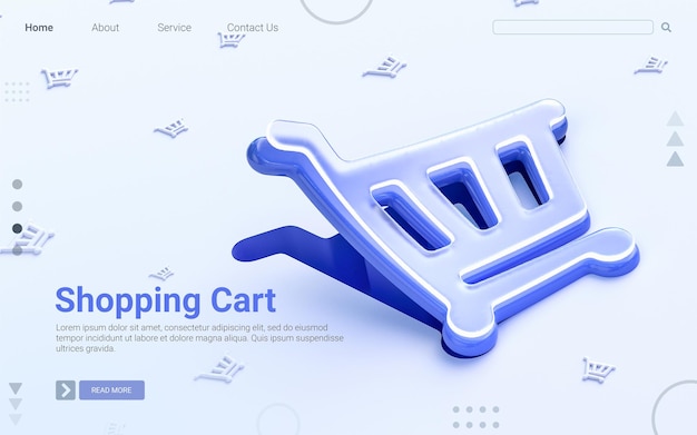 Signo de carrito de compras plegable sobre fondo blanco Concepto de procesamiento 3D para plantilla web de banner social