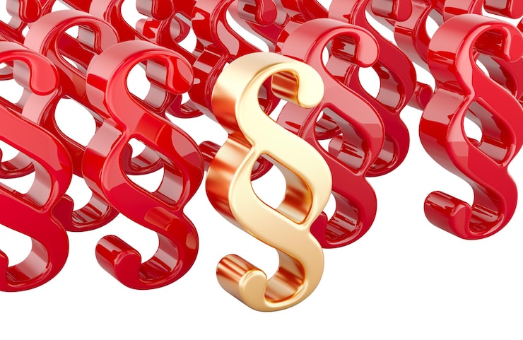 PSD signo de parágrafo dourado entre outros símbolos de parágrafos vermelhos renderização 3d isolado em fundo transparente