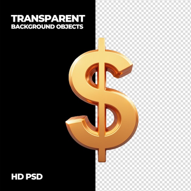 Signo de dólar dorado en 3D aislado en un fondo transparente