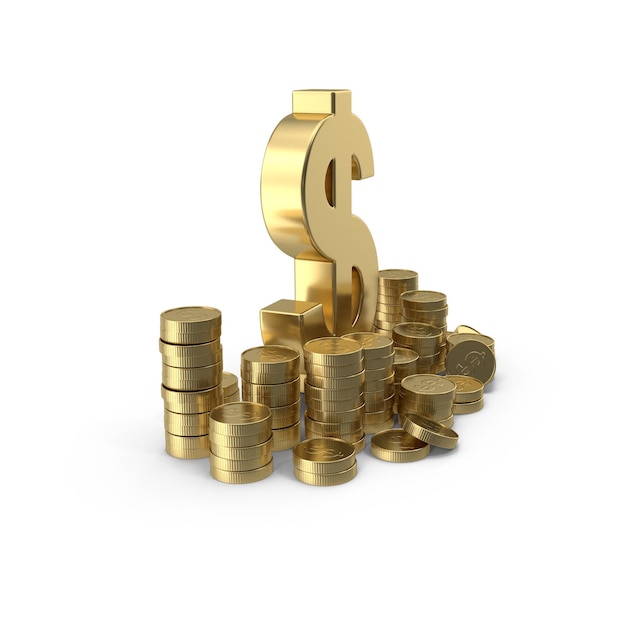 Signo de dólar dorado con monedas apiladas que representan riqueza y éxito