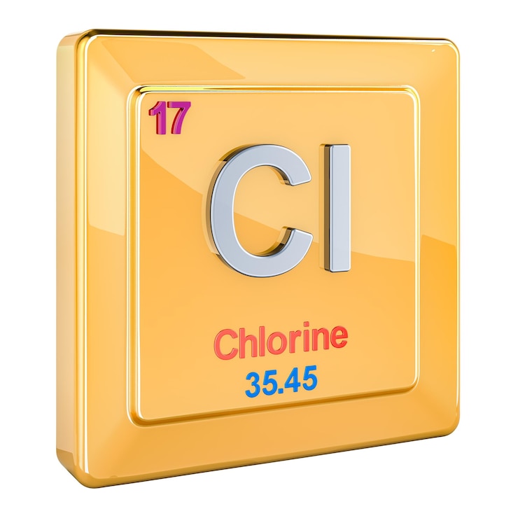 PSD el signo del elemento químico cloro cl con el número 17 en la tabla periódica renderizado en 3d aislado en un fondo transparente