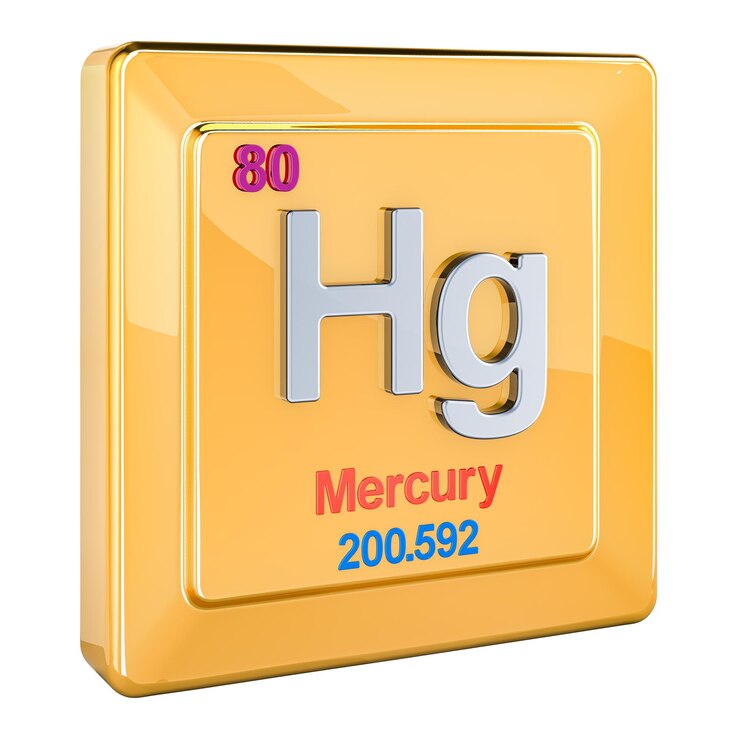 PSD el signo del elemento químico mercurio hg con el número 80 en la tabla periódica renderización 3d aislada en un fondo transparente