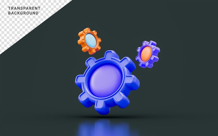 PSD signo de engranaje con dos pequeñas herramientas de engranaje sobre fondo oscuro concepto de renderizado 3d para soporte técnico