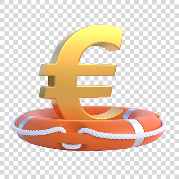 Signo del euro dorado dentro del aro salvavidas aislado sobre fondo blanco Concepto de crisis económica 3D Render