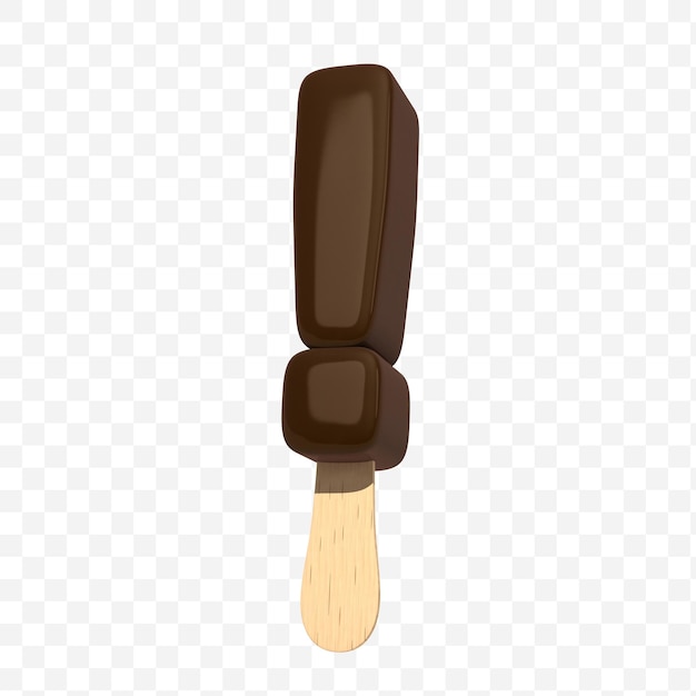 Signo de exclamación del alfabeto hecho de helado recubierto de chocolate en una ilustración 3d de palo aislado