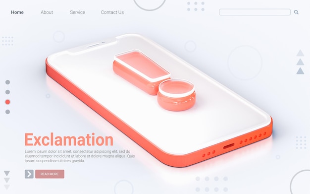 Signo de exclamación en el teléfono móvil aislado fondo blanco concepto de renderizado 3d para banner web
