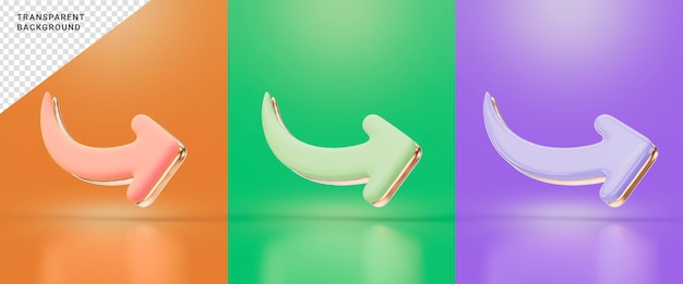 signo de flecha de curva derecha con color de fondo naranja, verde y morado concepto de representación 3d para señal