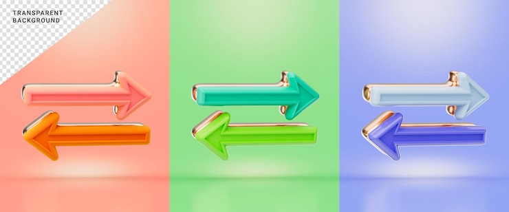 PSD signo de flecha opuesta rojo verde y color púrpura 3d render concepto para señal entrante y saliente