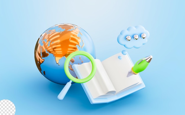 Signo de globo con libro pluma burbuja chat magnificar vidrio 3d render concepto para educación conocimiento