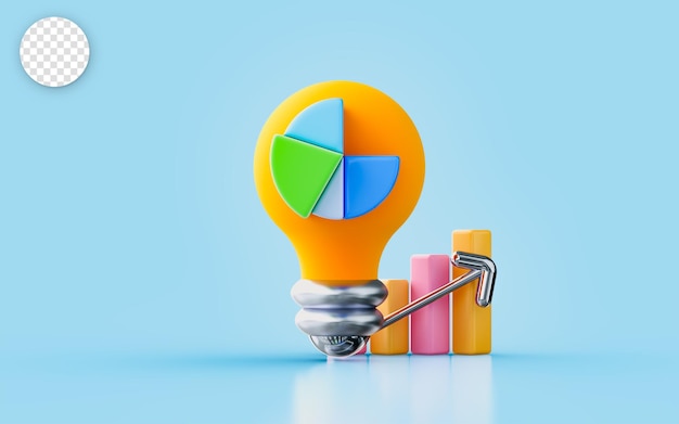 signo de gráfico circular de bombilla concepto de representación 3d para la planificación del aumento de los beneficios empresariales de investigación