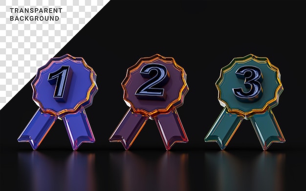 signo de insignia de primer segundo tercer rango con efecto de morfismo de vidrio sobre fondo oscuro ilustración 3d