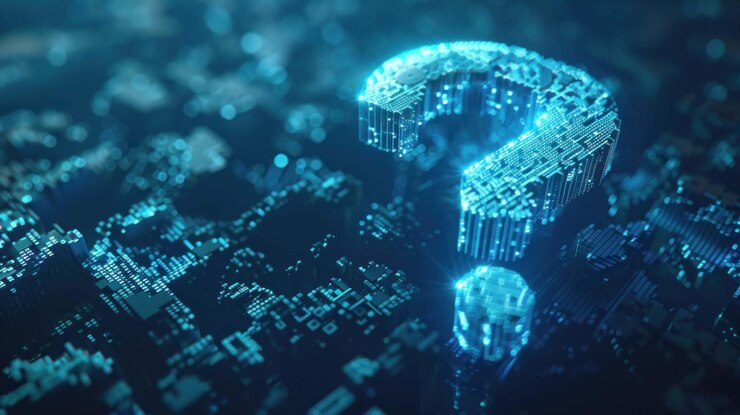 PSD un signo de interrogación azul brillante hecho de circuitos digitales se encuentra en una placa de circuitos de computadora que simboliza el futuro de la tecnología y las muchas preguntas que plantea