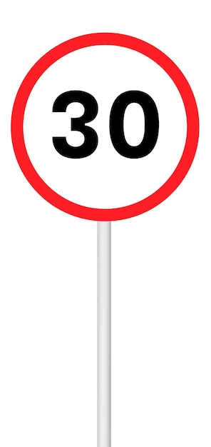 Signo de límite de velocidad 30 en un fondo en blanco con un poste blanco adecuado para la carretera de regulación de tráfico