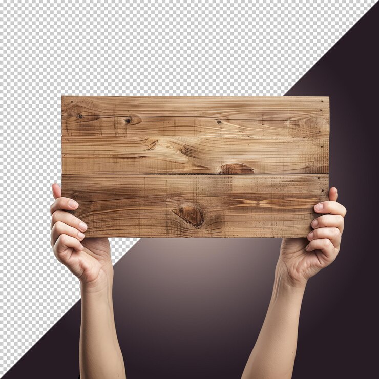 PSD signo de madera en blanco con la mano aislado sobre fondo blanco espacio vacío para texto o logotipo aislado sobre